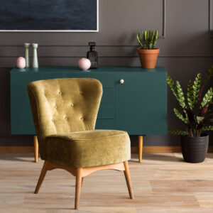 Green armchair on blue carpet in living room interior with plant Oak Gekalkte new